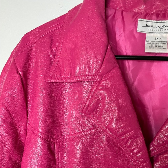 Hot pink crinkled vegan leather pointed collar button down pockets trench coat! - Picture 7 of 14